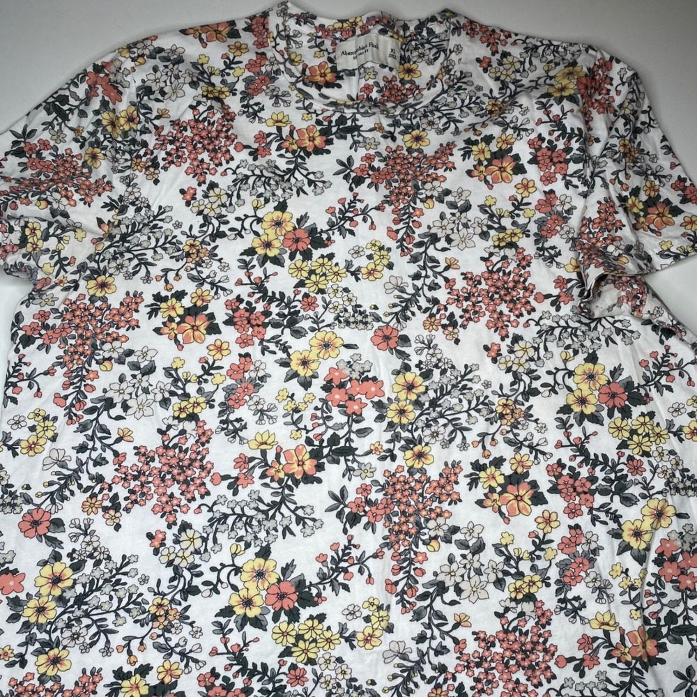 Abercrombie Fitch Womens XL Floral Print T Shirt Soft Tee White Pink Yellow